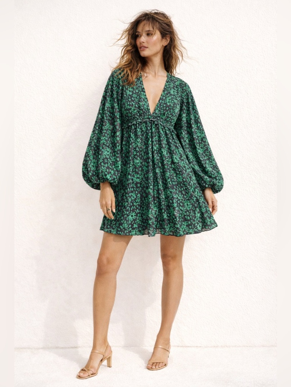 Zara Romantic Babydoll Mini Nap Dress Pleated Statement Sleeve Sz M